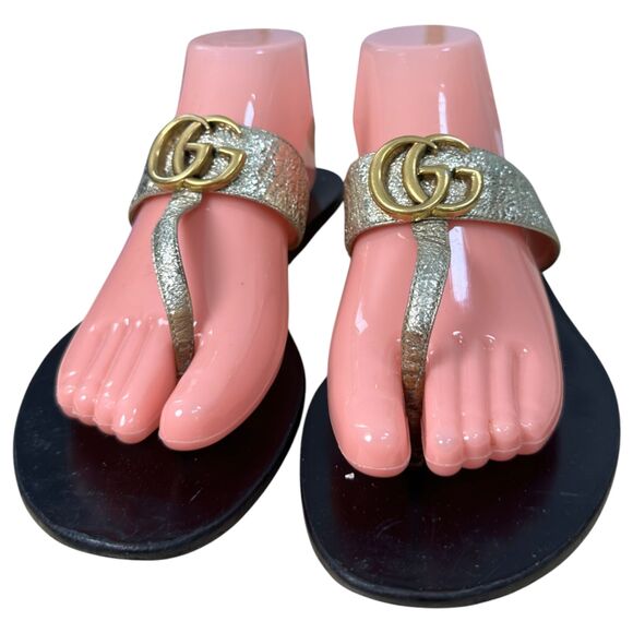 Gucci GG Marmont Gold Metallic Leather T Strap Sandals Size EU 38.5 US 8.5 - Picture 1 of 13